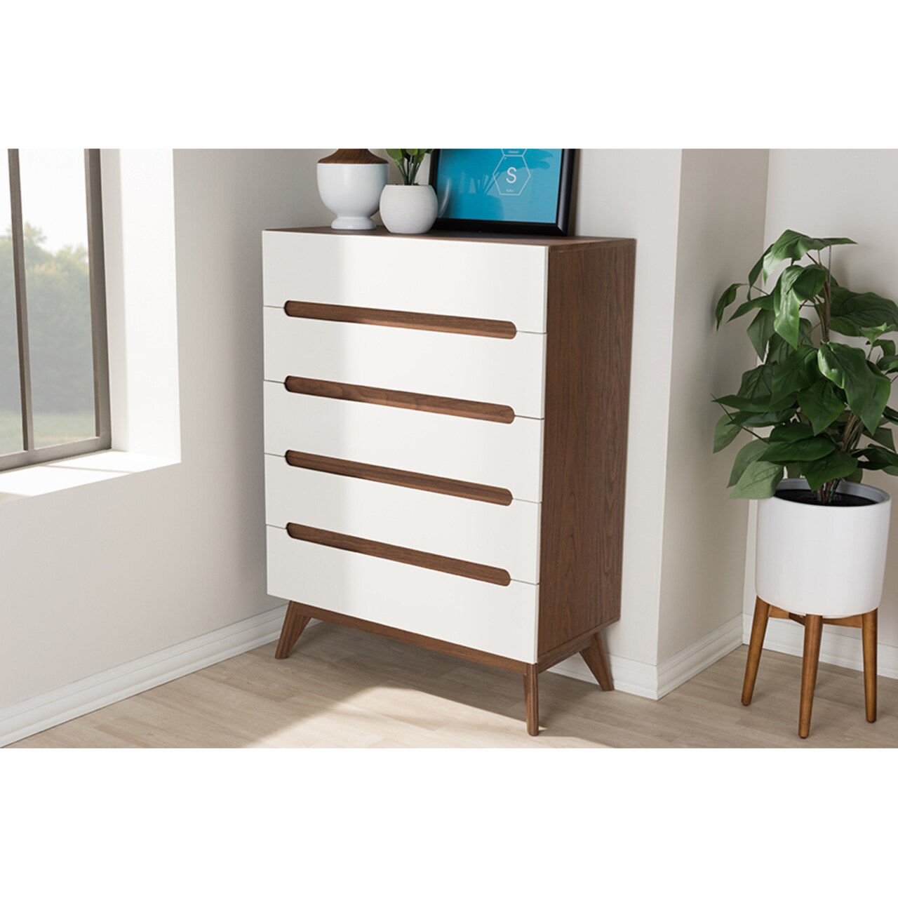 Wholesale Interiors Baxton Studio Calypso Mid-Century Modern White and Walnut Wood 5-Drawer Storage Chest